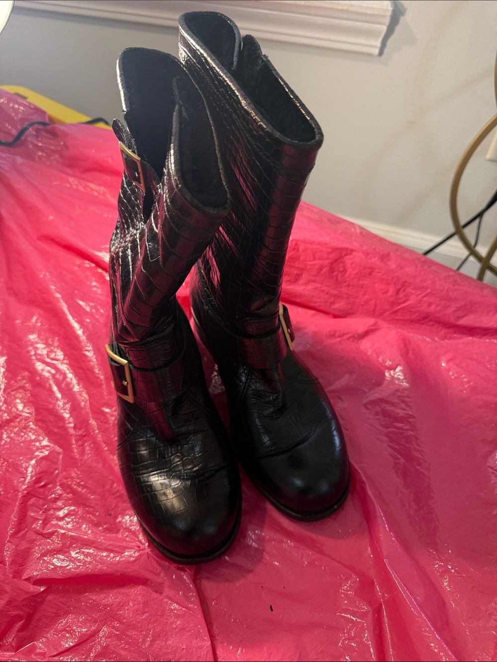 Jimmy Choo Black Croc-Embossed Lace-Up Mid-Calf Boots with Gold Buckles